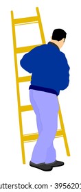 Builder carrying a ladder vector isolated on white background. Construction worker with ladder walking. Painter painting at work. Handyman working on home adaptation. Move in laborer action