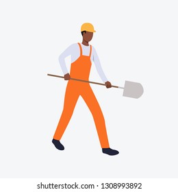 Builder carrying spade flat icon. Shovel, worker, orange uniform. Labor concept. Can be used for topics like digging, building work, construction site