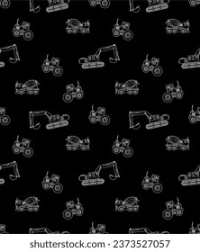 builder cars cartoon drawing vector seamless black white pattern