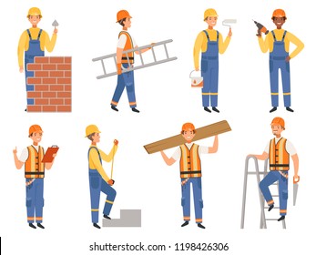 Builder cartoon character. Funny mascots of engineer or constructor in various action pose vector people. Builder man, worker occupation bricklayer and carpenter illustration