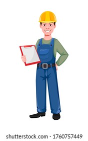 Builder cartoon character holding blank clipboard. Young construction worker in hard hat. Vector illustration on white background