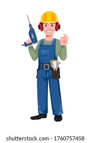 Dibujante de caricatura con taladro de retención. Joven trabajador de la construcción con sombrero duro. Ilustración del vector sobre fondo blanco