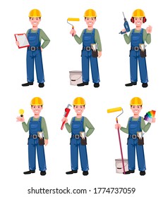 Builder cartoon character, set of six poses. Young construction worker in hard hat. Vector illustration