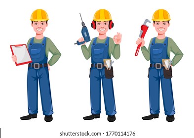 Builder cartoon character, set of three poses. Young construction worker in hard hat holding clipboard, holding drill and holding paint wrench. Vector illustration