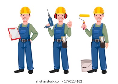 Builder cartoon character, set of three poses. Young construction worker in hard hat holding clipboard, holding drill and holding paint roller. Vector illustration