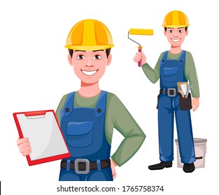 Builder cartoon character, set of two poses. Young construction worker in hard hat. Vector illustration on white background