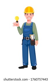 Builder cartoon character. Young construction worker in hard hat. Vector illustration on white background