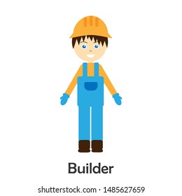 Builder in cartoon style, construction card for kid, preschool activity for children, vector illustration