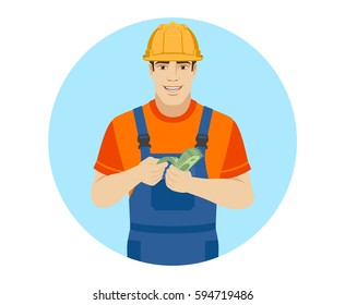 Builder with cash money. Portrait of builder in a flat style. Vector illustration.