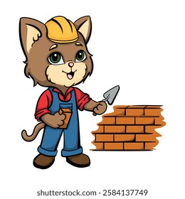 Builder cat. Cute kitten is building a house. Bright vector illustration for children's book, card, poster