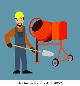 Builder with a cement mixer .Flat design vector symbols.Illustration.