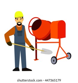 Builder with a cement mixer .Flat design vector symbols.Illustration.