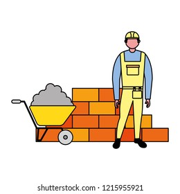builder character brick wall and wheelbarrow