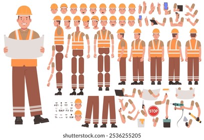 Construtor de caracteres. Homem de uniforme e capacete, trabalhador ou capataz. Conjunto de posições do braço, perna e corpo para criar animações e suas próprias ilustrações. Kit DIY. Ilustração vetorial