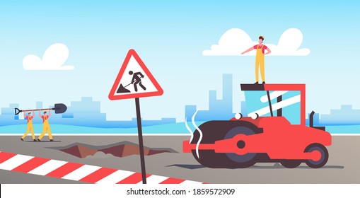 Builder Character Driving Asphalt Paving Roller Machine at Road Repair and Construction Site. Highway Renewal with Heavy Machinery Truck, Equipment Work on Street. Cartoon People Vector Illustration