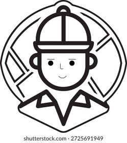 Builder character logo design in round frame with geometric background elements representing city infrastructure