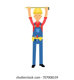Builder character in overalls with belt with tools measuring on real construction site cartoon vector Illustration