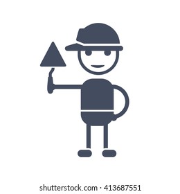 Builder character in a safety helmet holding a trowel icon.