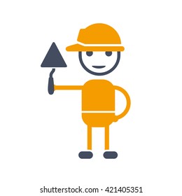 Builder character in a safety helmet holding a trowel icon.