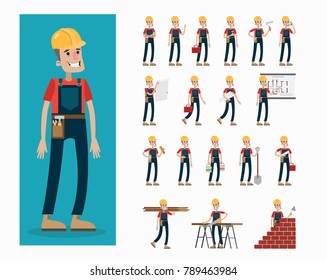 Builder character set. Man in uniform and hardhat posing and gesturing.