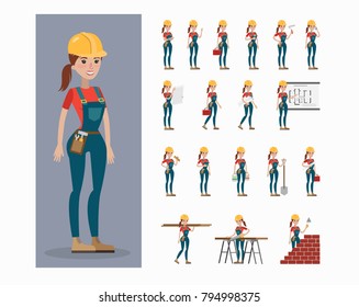 Builder character set. Woman in uniform and hardhat posing and gesturing. svg