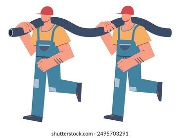 Builder character. Two men carrying a hose or pipe. Plumbers or builders in uniform and helmets work at construction site. Building home and renovation industry. Vector cartoon flat illustration