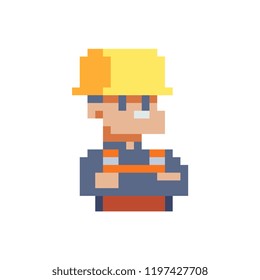 Builder character, worker. Avatar, female portrait, profile picture.  Pixel art. Flat style. Game assets. 8-bit. Isolated vector illustration.  