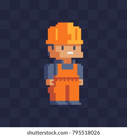 Builder character, worker. Pixel art. Pixel art style. Isolated vector illustration.