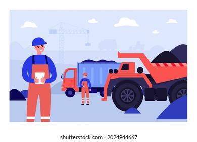 Builder characters in uniform at construction site. Construction workers and heavy machinery flat vector illustration. Development, engineering, industry concept for website design or landing web page