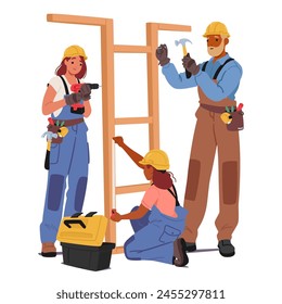 Builder Characters At Work Concept. Diligent Crews Wield Tools, Erect Structures And Craft Spaces, Wielding with Drill, Measuring Tape and Hammer in Skillful Hands. Cartoon People Vector Illustration svg