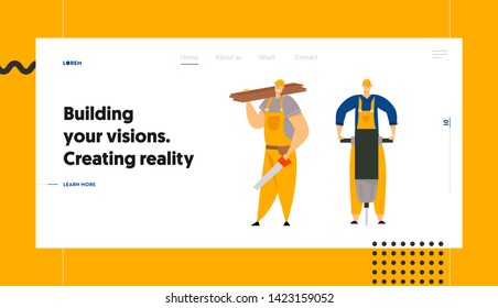 Builder Characters in Workwear. Construction Engineers with Building Equipment Tools. Carpenter Repairman, Painter, Builders. Vector flat illustration