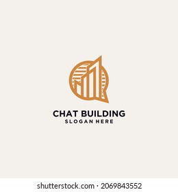 Plantilla de logotipo de símbolo de chat de construcción diseño de icono de logotipo de chat de casa, logotipo de foro de charla de casa con burbujas de habla y lujo