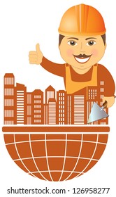 builder with city on planet - construction symbol