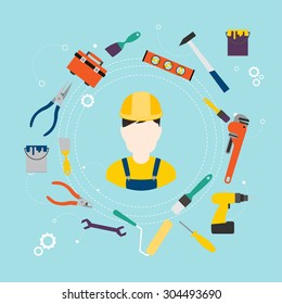 Builder and color tools for repair and home improvement. Vector illustration.
