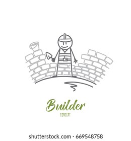 Builder concept. Hand drawn worker laying new paving stones. Builder builds a wall isolated vector illustration.