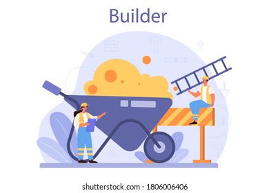 Builder concept. Professional workers constructing home with tools and materials. Process of house building. City development concept. Isolated flat vector illustration