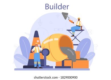 Builder concept. Professional workers constructing home with tools and materials. Process of house building. City development concept. Isolated flat vector illustration