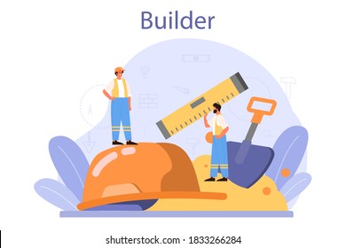 Builder concept. Professional workers constructing home with tools and materials. Process of house building. City development concept. Isolated flat vector illustration