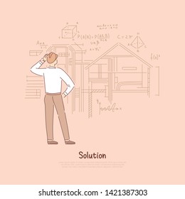 Builder considering engineering solution, architect calculating house, dwelling place construction banner