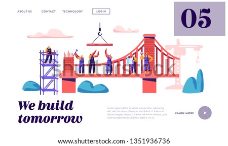 Builder Construct Brick Bridge with Construction Crane and Hammer Landing Page. Architect Worker Build Gate. Engineer on Ladder Building Object Website or Web Page. Flat Cartoon Vector Illustration
