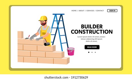 Builder Construction Building With Bricks Vector. Builder Construction Build And Create Brickwall With Blocks And Cement. Character Handyman Bricklaying Wall Web Flat Cartoon Illustration