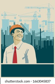 Generador, grúas de construcción, fábrica, fondo urbano, plantilla de póster profesional