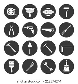 Builder and construction industry instrument assortment black icons set isolated vector illustration