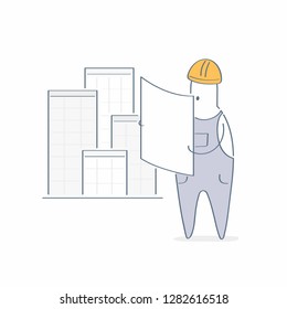 Builder, construction man, engineer in helmet with plan near skyscrapers, the city under construction. Real estate, home improvement. Light outline modern vector illustration on white.