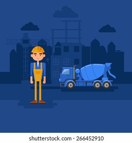 Builder at a construction site in the evening.