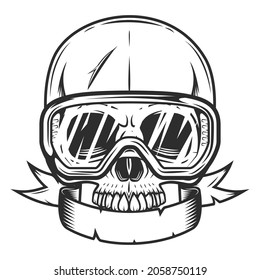 Builder construction skull without jaw and safety glasses with ribbon vintage monochrome style illustration