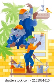Builder construction vector. Cartoon workers building wall of the house. Boy illustration with elephant characters. Work man builds brick house. Kid animals, childs engineer and architect illustration