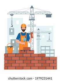 Builder or Construction Worker character on construction site with building equipment and crane. Profession people concept. Vector flat illustrations.