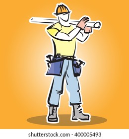 Builder construction worker in protective wear and the helmet does the job. 