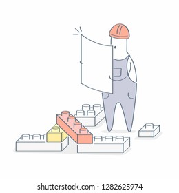 Builder, constructor, engineer in helmet plans to build from cubes, building toy. Real estate, home improvement, project development, creative design. Light outline modern vector illustration.